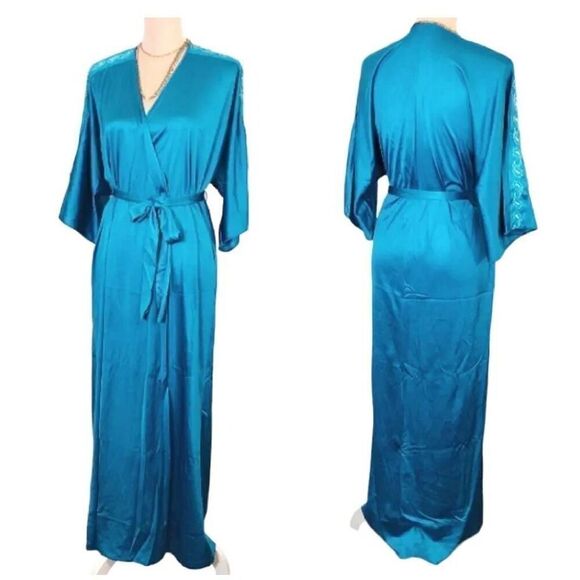 VTG 70s VF Teal Paisley Embroidered Wide Sleeve Long Nylon Robe Small - Picture 11 of 17